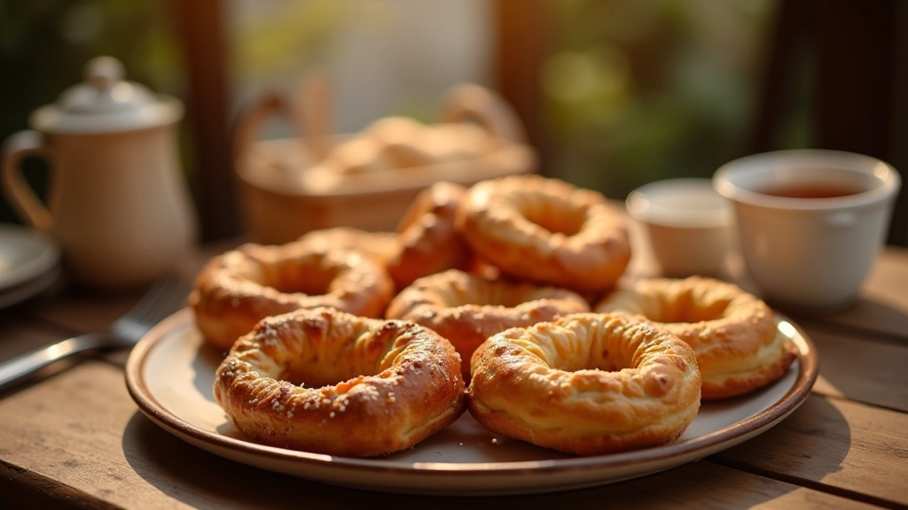 Simit halkaları ve poğaçalar bir ahşap masada, çay fincanının yanında, sabah güneşi