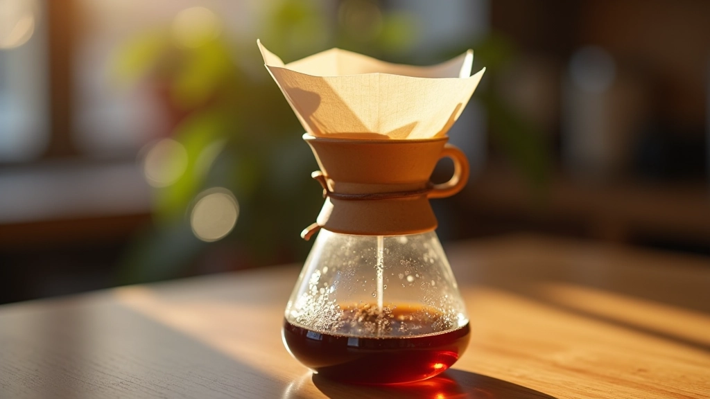 Chemex kahve makinesi, cam şekliyle şık, filtre kağıdı ve taze kahve, ahşap masada, günışığında parlayan cam, profesyonel fotoğraf