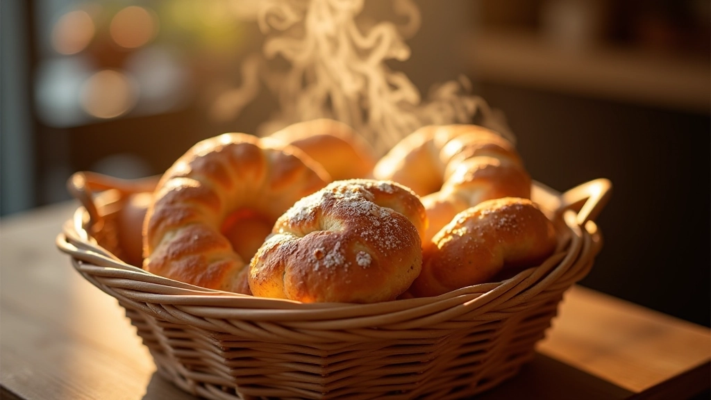 Sıcak poğaça ve simit, sepete dizili, mahalle fırınından çıkmış, taze ekmek kokusu saatinde, sabah ışığı