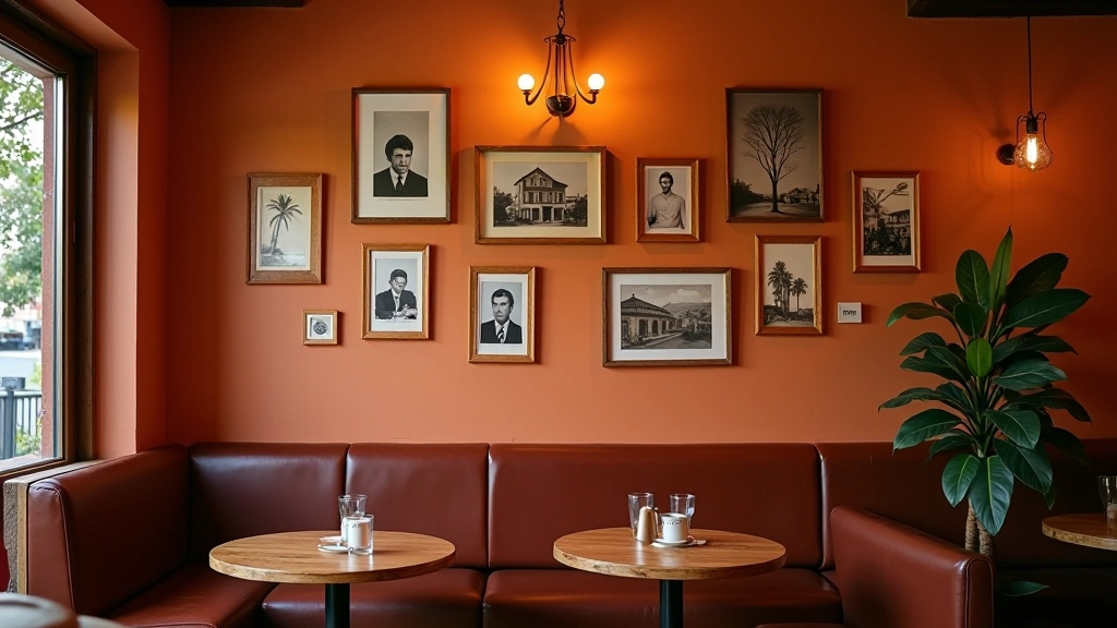 Kahve mekanında renk paletesi, terracotta duvarlar, kahverengi detaylar, eski fotoğraf çerçeveleri, sanat parçaları, şık dekorasyon